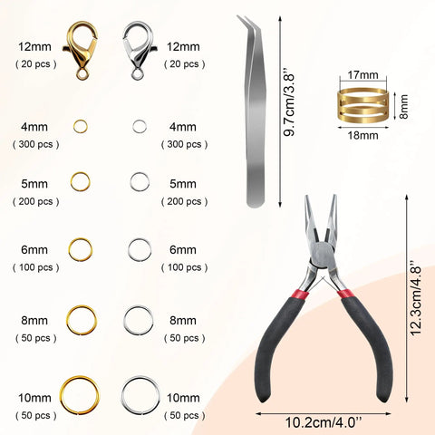 DIY Jewelry Repair Kit With 1400 Pcs Assorted Jump Rings In Silver And Gold, Includes Pliers, Necklace Clasps, Tweezers And Opener