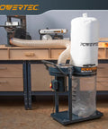 1 HP Dust Collector With 1 Micron Bags And Mobile Base, 800 CFM Woodshop Dust Collection System in a woodshop setup