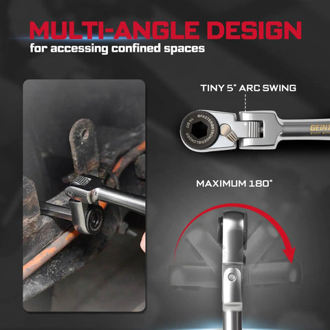 60 Piece Pivoting Flex Head T-Handle Ratchet Wrench Set with 72-Tooth Reversible Ratchet showing multi-angle design in use.