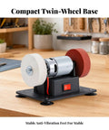 Professional Grade Rock Solid Electric Bench Grinder With Non Slip Dual Wheels Vibration Proof Base on stable anti-vibration feet.