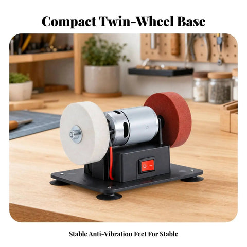 Professional Grade Rock Solid Electric Bench Grinder With Non Slip Dual Wheels Vibration Proof Base on stable anti-vibration feet.