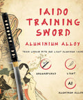 Lightweight Aluminum Katana Iaito For Iaido Training, sword with 28 inch blade, traditional design backdrop with training highlights.