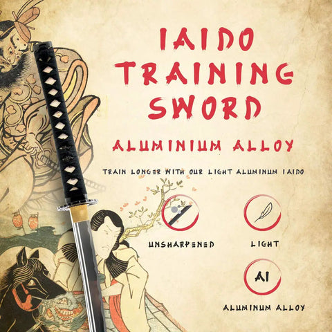 Lightweight Aluminum Katana Iaito For Iaido Training, sword with 28 inch blade, traditional design backdrop with training highlights.