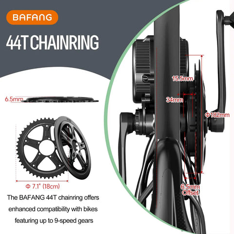 44T 6.5mm Offset Chainring For BBS02B BBS01B Mid Drive Kits Ebike Conversion Chain Ring 250W 350W 500W 750W Motors High Torque For Steep Hills Durable Aluminum showing chainring compatibility and measurements