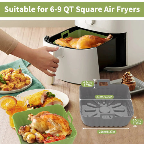 Person placing food in 2 Pack 9 Inch Square Silicone Air Fryer Liners For 6 Qt To 9 Qt Reusable Large Air Fryer Insert Nonstick Basket Cover Easy Cleanup Keeps Your Air Fryer Clean Green And Gray