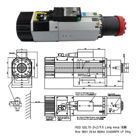 9.0 KW Air Cooled Spindle Motor With Automatic Tool Changer And VFD Converter Kit top view with diagram, detailed dimensions and components.