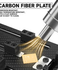 Rock Solid Carbon Fiber Motherboard Fixture featuring smooth triaxial screw rods, showing a flat carbon fiber plate with BGA chip.