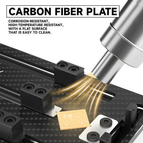 Rock Solid Carbon Fiber Motherboard Fixture featuring smooth triaxial screw rods, showing a flat carbon fiber plate with BGA chip.
