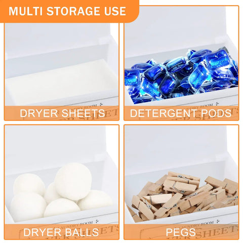 Slick Clear Dryer Sheet Holder With Lid Fabric Softener Dispenser with dryer sheets, pods, balls, and pegs storage compartments.