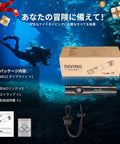 WD12 Dive Light 1400 Lumen Scuba Backup Underwater Flashlight With 3 Modes And Power Indicator, packaging shown with diver