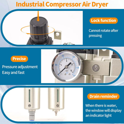 Three Quarter Inch NPT Pro Grade Three Stage Air Dryer System With Auto Drain Water Separator, lock function, pressure gauge.