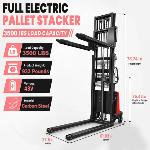 Heavy Duty Semi Electric Pallet Stacker With 3500 Lbs Lift Capacity And Walkie Forklift Design for warehouse use, carbon steel structure, showing dimensions.