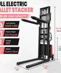 Heavy Duty 3500 Lbs Semi Electric Pallet Stacker With Solid Steel Frame And Straddle Design Offering Sweet 98 Inch Lift Height For Rough Warehouse Hauling And Easy Forklift Work Anytime Anywhere, displaying dimensions and load capacity.