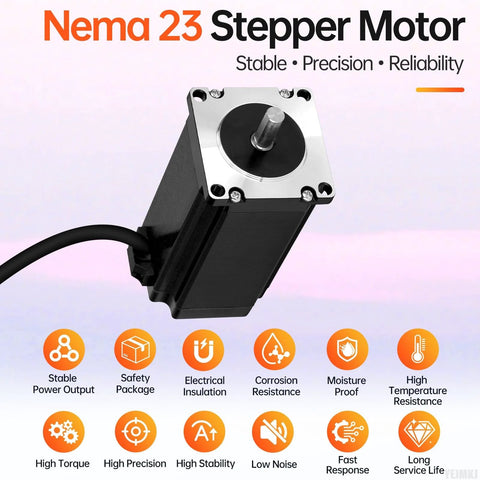 Nema 23 stepper motor with black body and silver end plate; 57x110mm, 2-phase bipolar, central shaft