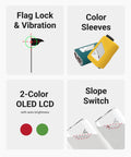 Features of TL1 Golf Rangefinder With Slope And Magnet And Dual Color OLED including sleeves, OLED display, and slope switch.