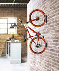 Vertical Bike Wall Rack With Tire Tray For Indoor Garage Or Shed, mounted bike in modern loft kitchen, steel mount visible