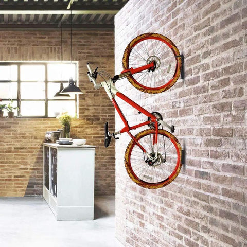 Vertical Bike Wall Rack With Tire Tray For Indoor Garage Or Shed, mounted bike in modern loft kitchen, steel mount visible