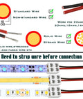 Diagram illustrating wiring instructions for 25 Pack 2 Pin 8mm LED Tape Light Connectors With Screwdriver No Solder Needed Wire To Strip Quick Tighten Terminal Blocks For 5V 12V 24V Monochrome Low Voltage LED Strips with standard and non-standard wire sizes.