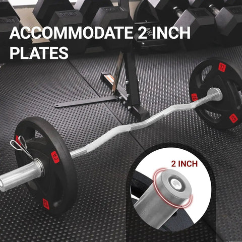 Olympic Curl Bar 47 Inch Barbell With 2 Inch Diameter Chrome Plated Heavy Duty Bar on gym floor with weight plates