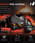 Infographic showing front hood hinges set for Jeep Wrangler JK with durable steel construction and bolt-on installation features.