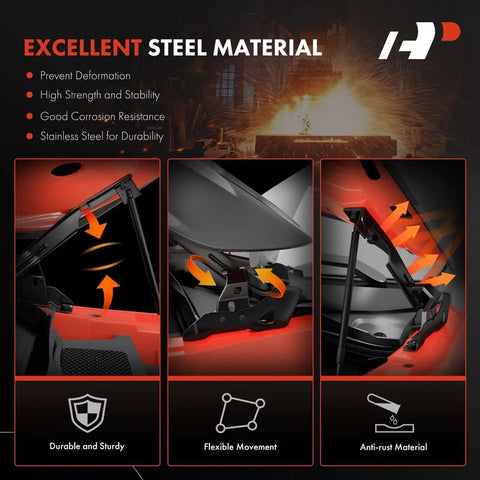 Infographic showing front hood hinges set for Jeep Wrangler JK with durable steel construction and bolt-on installation features.