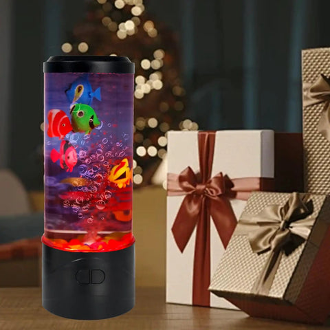 Jellyfish USB Night Light Mood Lamp With 7 Color Changing Modes Realistic Aquarium Scene For Home Bedroom Decor Creates A Chill Ocean Vibe Easy USB Powered Gift For Kids And Adults next to wrapped presents