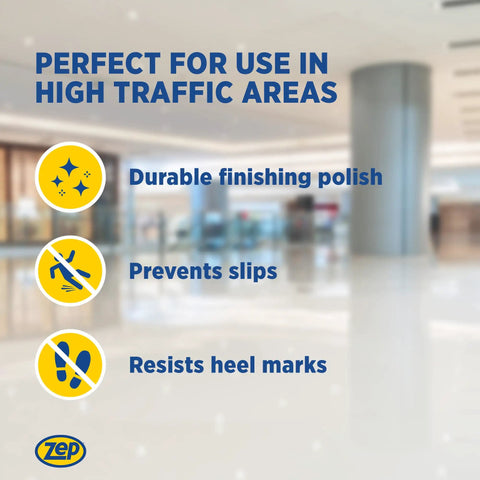 Pro Grade High Traffic Floor Polish Delivers A Tough As Nails Shine That Kicks Heel Marks Out Cold And Keeps Tile Rubber Vinyl And Asphalt Slip Safe In A Two Gallon Packing Case, showcasing features for durability and slip prevention.
