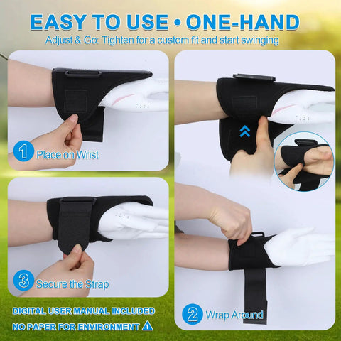 Steps to use Golf Wrist Brace And Arm Band Training Kit Two In One Pro Swing Trainer for adjustable fit on arm shown in images