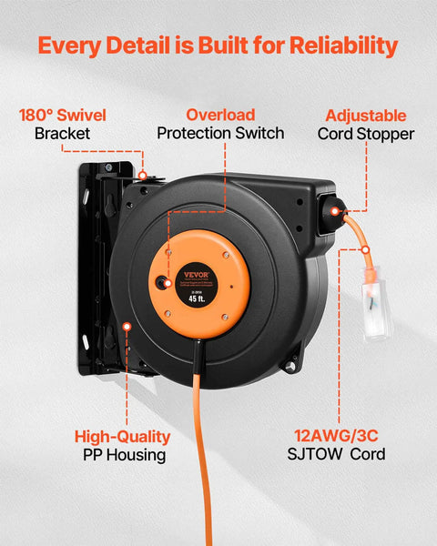 Heavy Duty 45 Ft Retractable Extension Cord Reel With Lighted Triple Tap Outlet, 15 Amp Circuit Breaker, 12AWG 3C SJTOW Cord, 180 Degree Swivel Bracket For Ceiling Or Wall Mount, Weather Resistant And Tangle Free mounted on wall