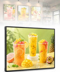 50 Inch Led Poster Frame With Top Shelf 4K HD Resolution showcasing vibrant fruit drinks in clear cups, ideal for promotions.