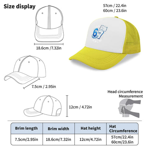 I Was Six Now Seven Vintage Dope Style Mens Trucker Hat Yellow Lightweight Polyester Cap with dimensions shown