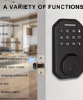 Keyless Entry Door Lock Electronic Keypad Deadbolt With Auto Lock One Touch Locking 50 Custom User Codes Anti Peeping Password Backlit Keyboard Easy Install Black Finish No Key Needed displayed on a door.