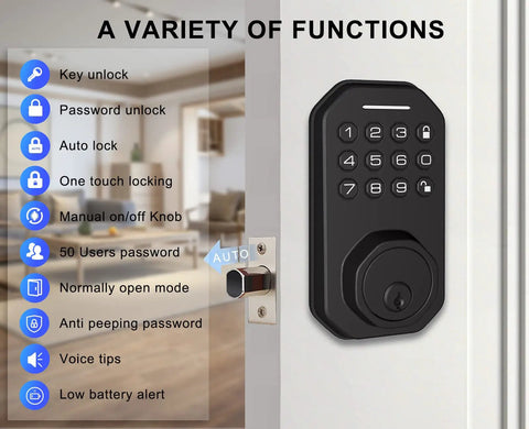 Keyless Entry Door Lock Electronic Keypad Deadbolt With Auto Lock One Touch Locking 50 Custom User Codes Anti Peeping Password Backlit Keyboard Easy Install Black Finish No Key Needed displayed on a door.