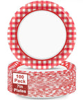 100 Count 7 Inch Red And White Checkered Paper Plates For Parties stacked with a decorative pattern, perfect for picnics and celebrations.