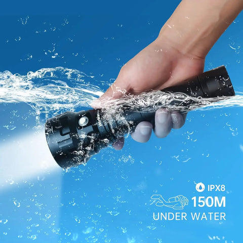 Beast 5000 Lumen DL40 Diving Flashlight With LH351D LEDs IPX8 Waterproof in water, showing underwater capability