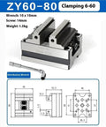 Heavy Duty Self Centering Vise With Four Axis And Five Axis Turntable Fixture For Pneumatic Machining Centers, shown with dimensions and wrench.