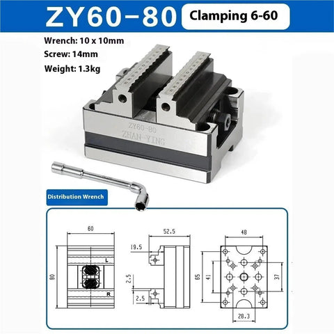 Heavy Duty Self Centering Vise With Four Axis And Five Axis Turntable Fixture For Pneumatic Machining Centers, shown with dimensions and wrench.