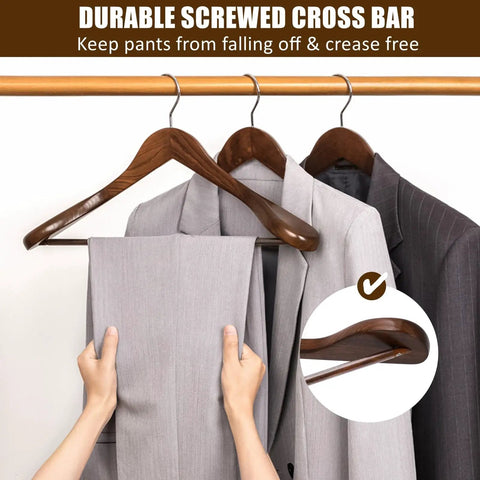 Solid Walnut Wood Coat Hangers Six Pack With Extra Wide Shoulders And Non Slip Pants Bar For Jackets, Sweaters, Pants And Heavy Clothes