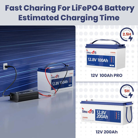 Heavy Hitter 12V 40A LiFePO4 Battery Charger For 14.6V Lithium Batteries shown charging 12V 100Ah and 200Ah batteries.