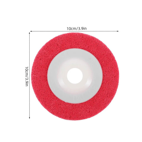 Red nylon buffing wheel, 10cm diameter, for plastic and wood use, part of Nylon Buffing And Polishing Wheels For Plastic And Wood With Efficient High Speed Grinding Non-Woven Abrasive Discs For Auto Maintenance At Home.