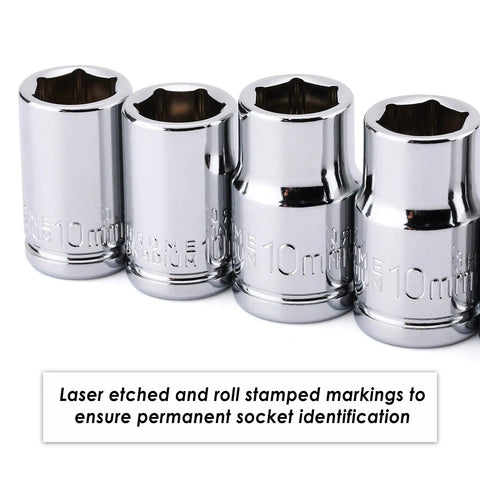 Impact Socket Set With One Quarter Inch And Three Eighths Inch Drives, Deep And Shallow Sockets, 10mm Metric, Mirror Chrome Finish, 6 Point And 12 Point Design, Laser Etched And Roll Stamped For Easy Identification