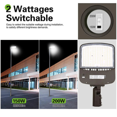 Total Game Changer Dusk To Dawn Led Parking Lot Light showing switchable 150W or 200W output with clear brightness details.