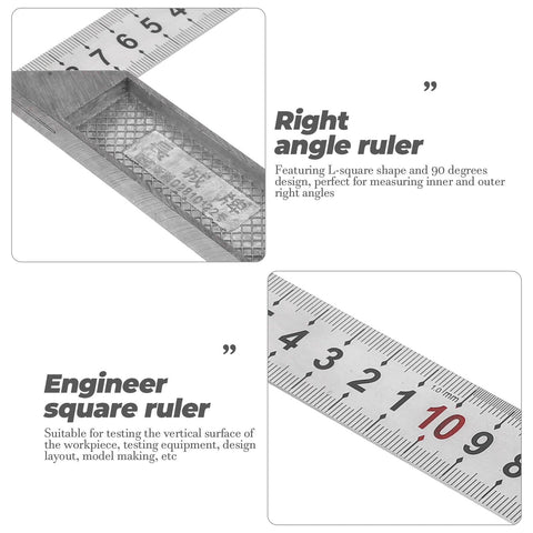 Close-up of Pro Grade Stainless Steel L Square Measuring Tool for Carpenters and Machinists showing 90 degree ruler detail.