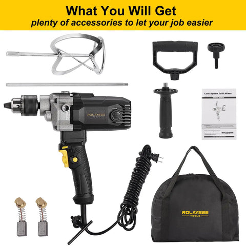 Beast Mode 10 Amp Corded Drill Mixer Kit with Five Eighth Inch Chuck and accessories displayed