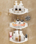 Super Sturdy Premium Three Tier Corner Shower Caddy With Slick 360 Spin Lazy Susan Tray And No Fuss Wall Mount In White, holding bath products.