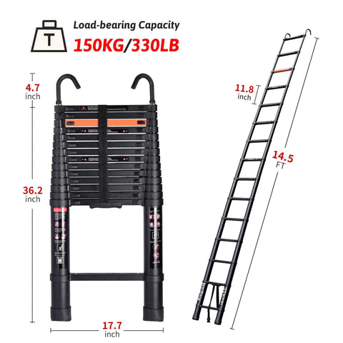Lightweight Aluminum Telescoping Ladder With Detachable Hooks Fourteen And A Half Feet Collapsible Extension Ladder With Non Slip Feet