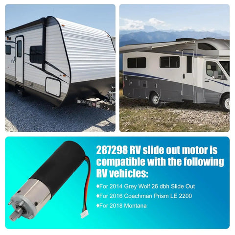Two Pack 287298 RV In Wall Slide Out Motor Direct Fit OEM Replacement 500 To 1 High Torque Gear Ratio Compatible With Lippert Schwintek In Wall Slide System Tested For Durability Three Year Warranty next to RVs