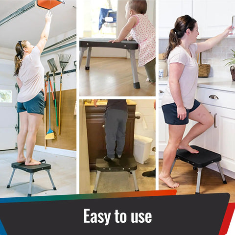 11 Inch Folding Step Stool With Big 16x12 Inch Platform Non Slip Steel Frame Portable Heavy Duty Stool For Indoor And Outdoor Use Supports Up To 300 Lbs Safe And Sturdy For Kids Adults Seniors Easy To Store shown in use