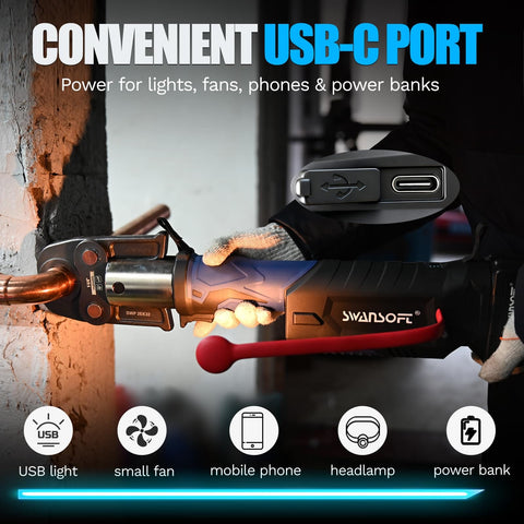 Pro Press Tool For Copper Pipes With 32kN Crimp Power 18V Brushless Motor Includes Six US Standard Jaws From One Half Inch To Two Inch 2x 4Ah Batteries Heavy Duty Propress Electric Pipe Crimping Kit For Fast Leak Free Plumbing with USB-C port in use on copper pipe