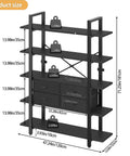 Diagram of Sturdy 5 Tier Industrial Bookshelf With Four Drawers Built Like A Tank Tall Rustic Storage Shelf dimensions and weight capacity.